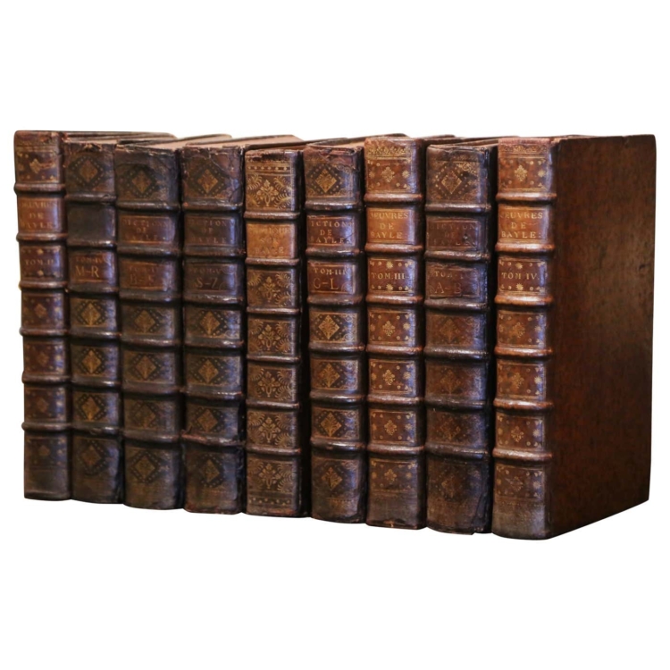Early 18th Century French Leather Bound Books Dated 1727-1748, Set of Nine