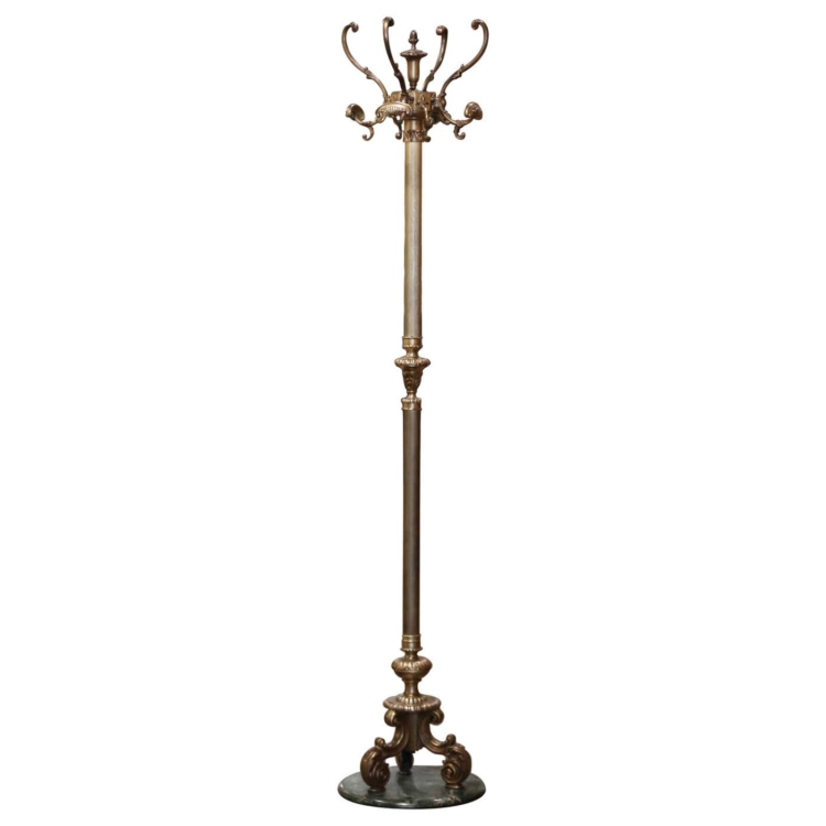 Early 20th Century French Gilt Brass Four-Hook Standing Hall Tree on Marble Base