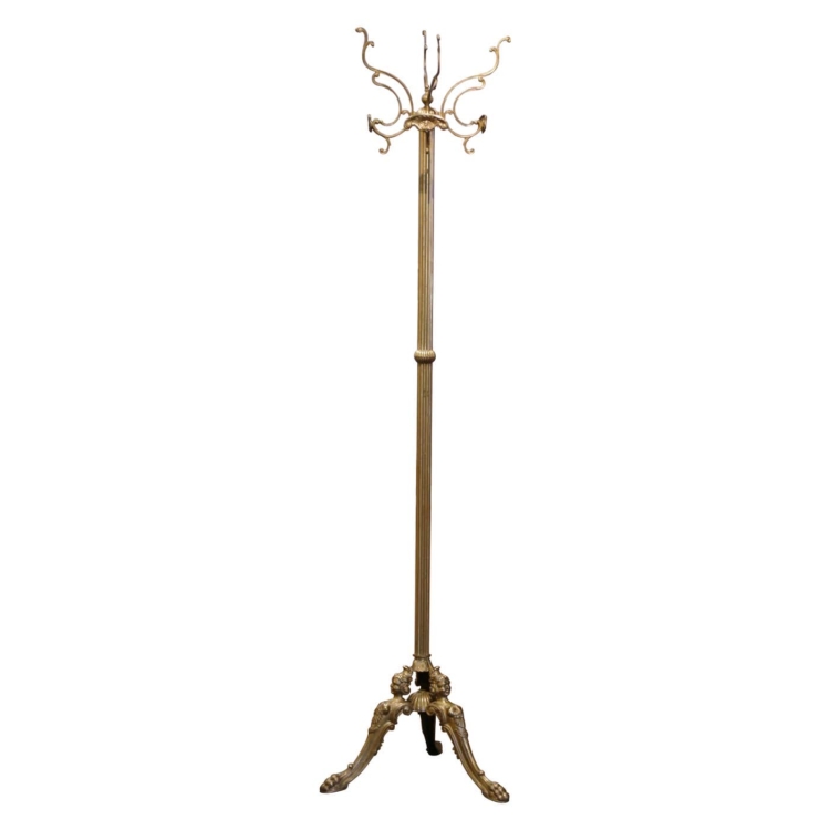 Early 20th Century French Gilt Brass Swivel Four-Hook Standing Figural Hall Tree