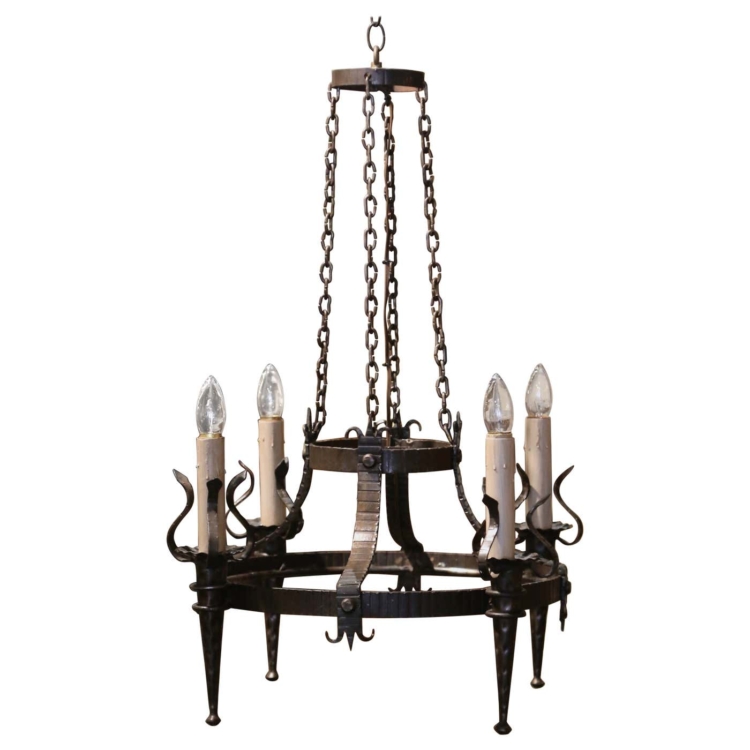 19th Century French Gothic Wrought Iron Four-Light Chandelier