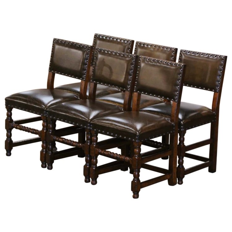 Set of Six 19th Century French Carved Oak and Leather Upholstered Chairs