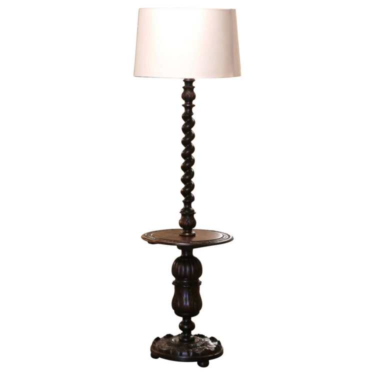 Early 20th Century French Carved Barley Twist Floor Lamp with Attached Table