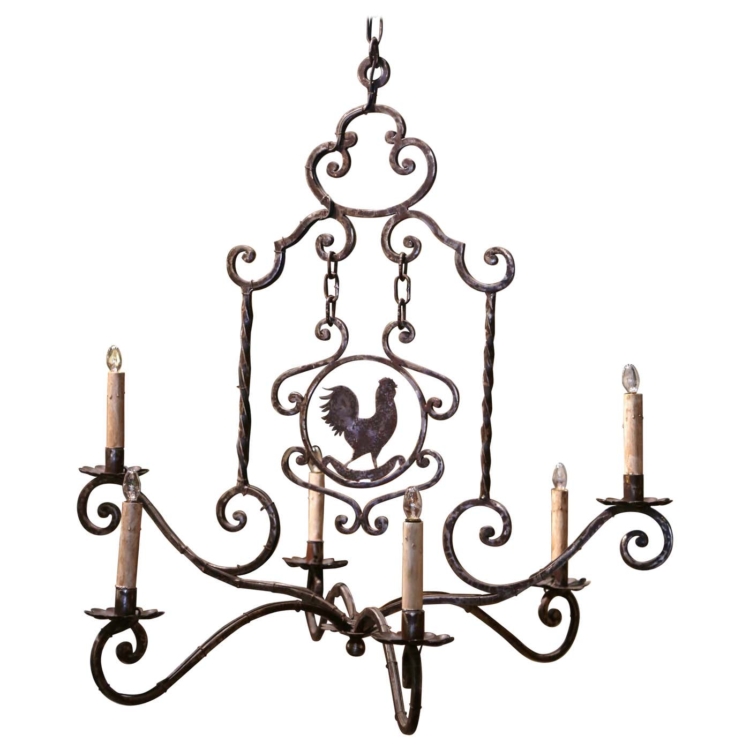 20th Century French Forged Polished Iron Six-Light Rooster Chandelier
