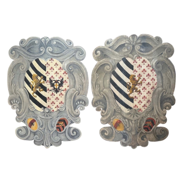 Pair Early 20th Century Italian Carved and Painted Wall Hanging Heraldic Shields