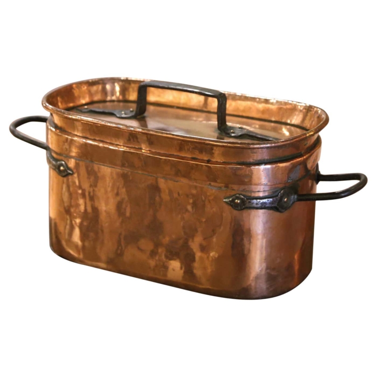 19th Century French Iron & Polished Copper "Poissonniere" Fish Kettle with Lid