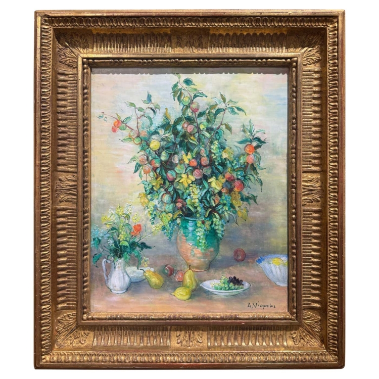 Mid-Century French Still Life Oil Painting in Gilt Frame Signed A. Vignoles