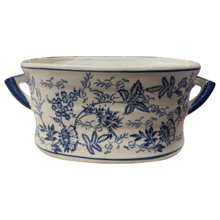 Vintage Chinese Blue and White Porcelain Foot Bath Bowl with Floral Motifs