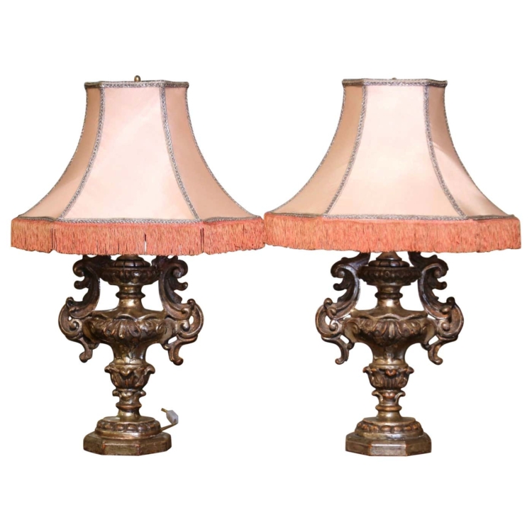 Pair of Mid-Century Italian Carved Silvered Urn-Shaped Table Lamps with Shades