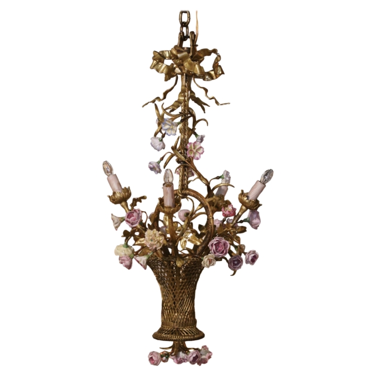 Early 20th Century French Brass & Porcelain Flowers Four-Light Basket Chandelier
