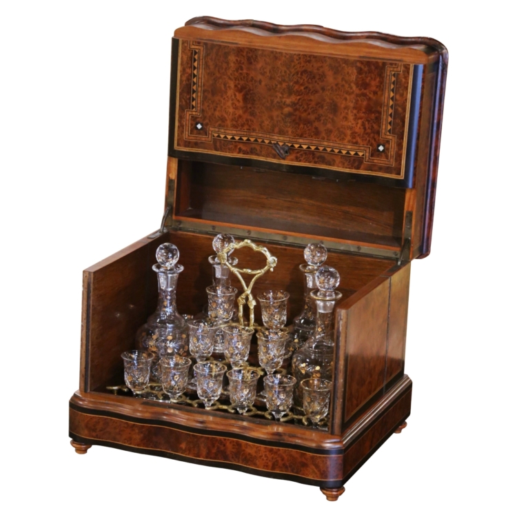 19th Century French Napoleon III Burl Walnut Inlaid Complete "Cave a Liqueur"