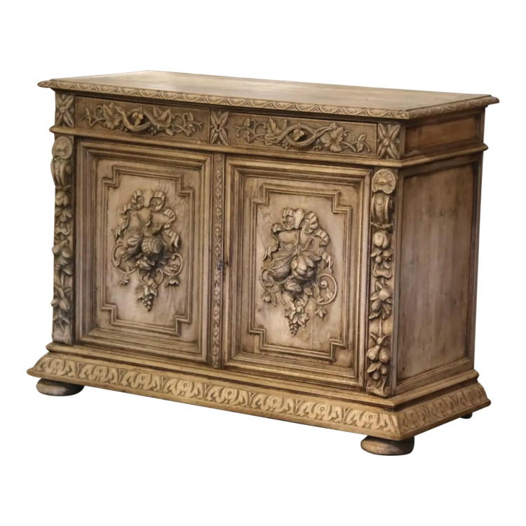 19th Century French Black Forest Carved Bleached Oak Buffet with Floral Motifs