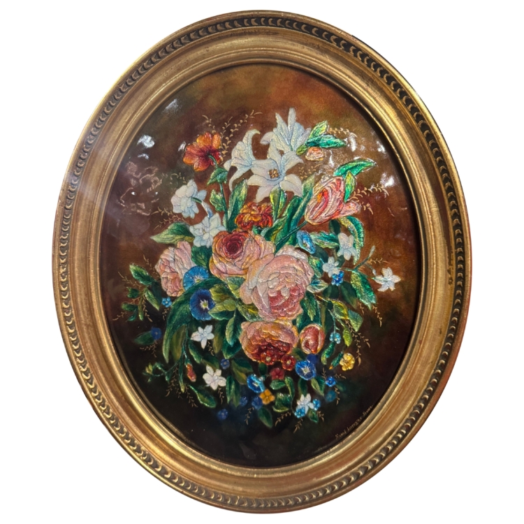Early 20th Century French Enamel Wall Plaque Floral Decor Signed Camille Fauré