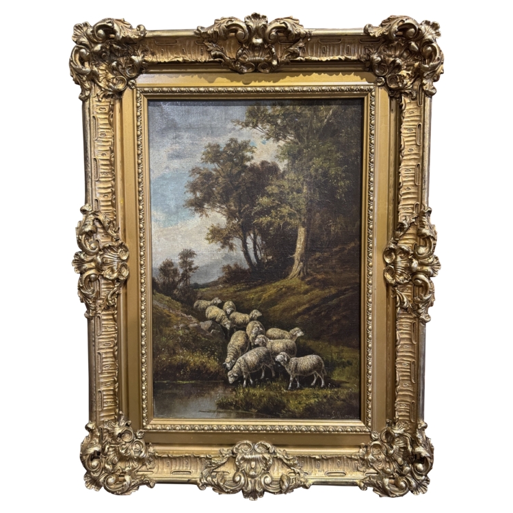 19th Century Italian Sheep Oil Painting in Carved Gilt Frame Signed G. Milone