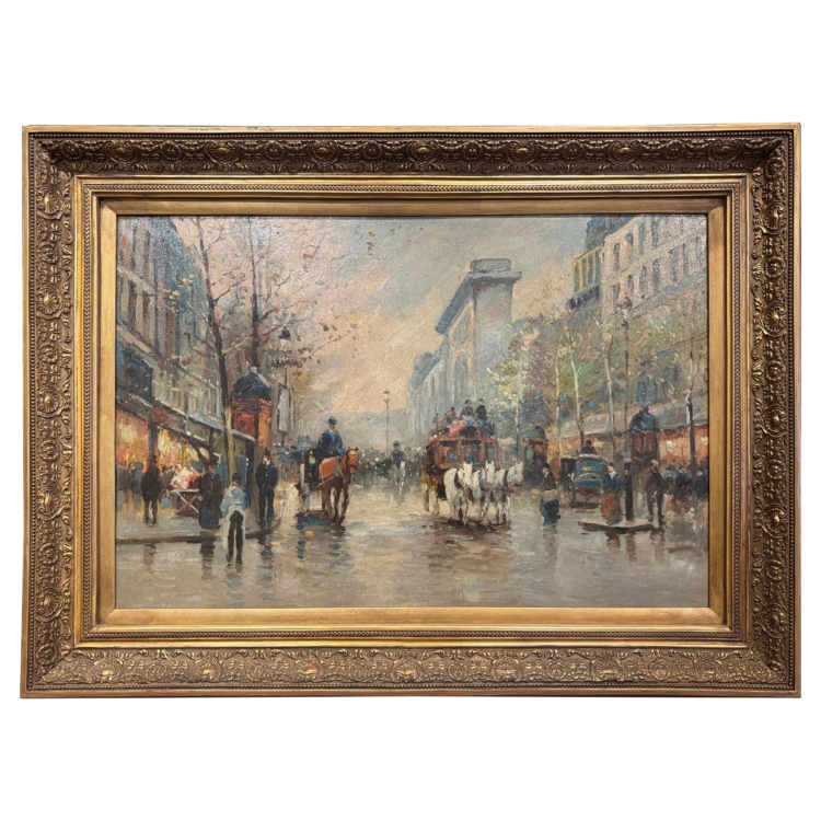 Mid-Century French Parisian Scene Oil on Canvas Painting in Carved Gilt Frame