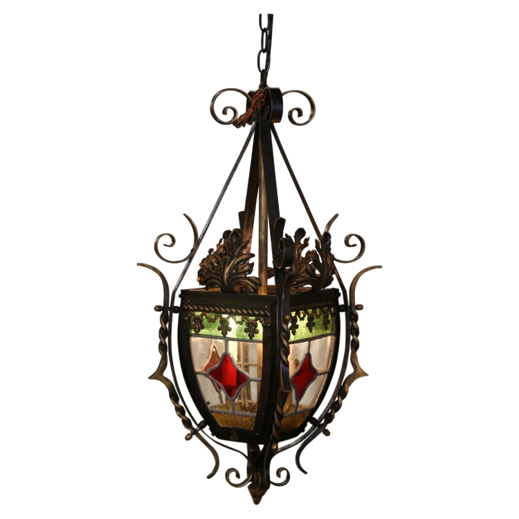 19th Century French Napoleon III Iron Lantern with Stained Glass Panels