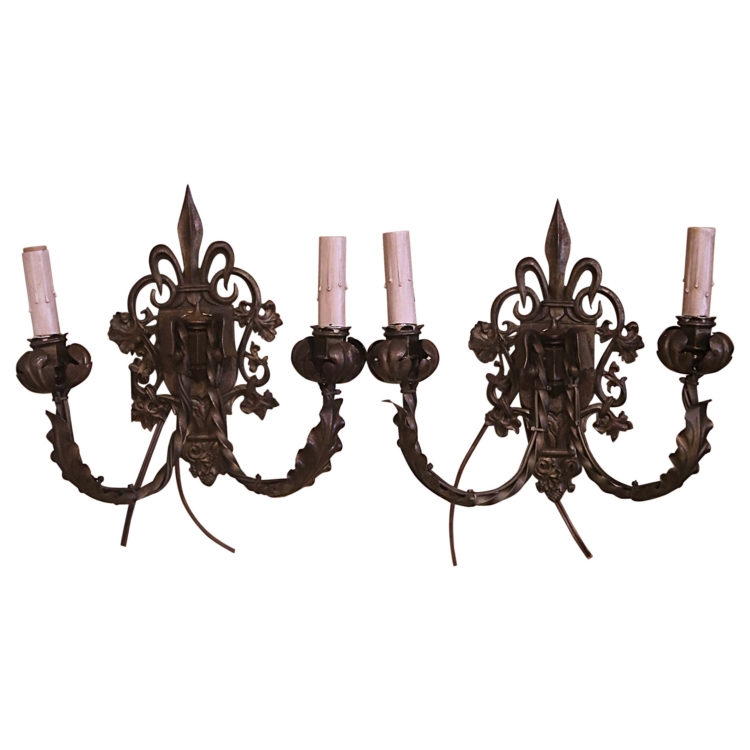 Pair of Mid-Century French Metal Two-Light Wall Sconces with Fleur-de-Lys Motif