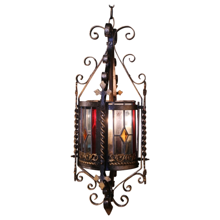 19th Century French Napoleon III Round Iron Lantern with Stained Glass Panels