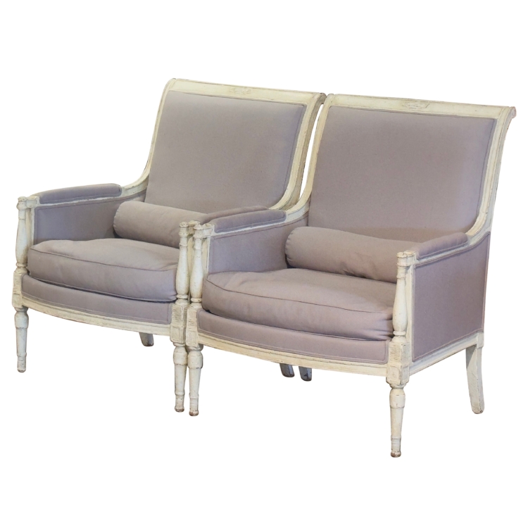 Pair of 19th Century French Louis Philippe Carved Painted Upholstered Armchairs