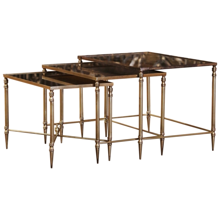 French Maison Bagues Brass and Églomisé Glass Nesting Tables, Mid-Century