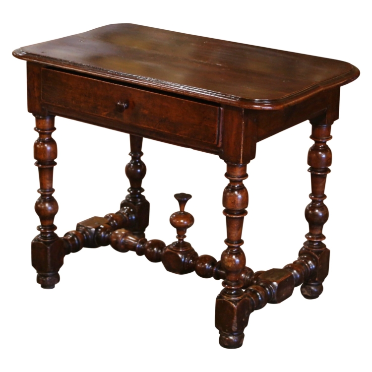 18th Century French Louis XIII Carved Walnut Turned-Leg Side Table with Drawer