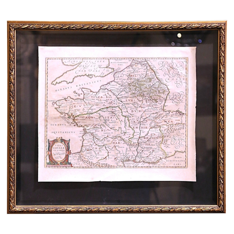 17th Century Framed Map of Ancient France Titled "Typus Galliae Veteris"