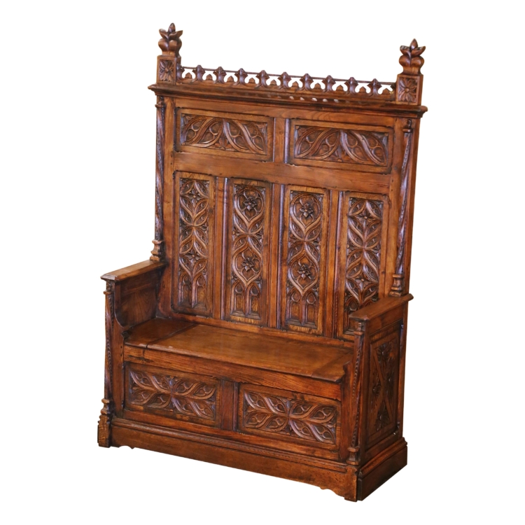 19th Century French Gothic Revival Carved Oak Hall Bench with Trapdoor