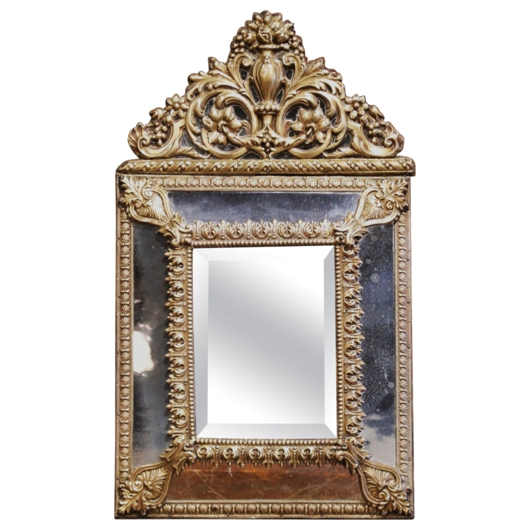 19th Century French Napoleon III Repousse Cushion Brass Beveled Wall Mirror