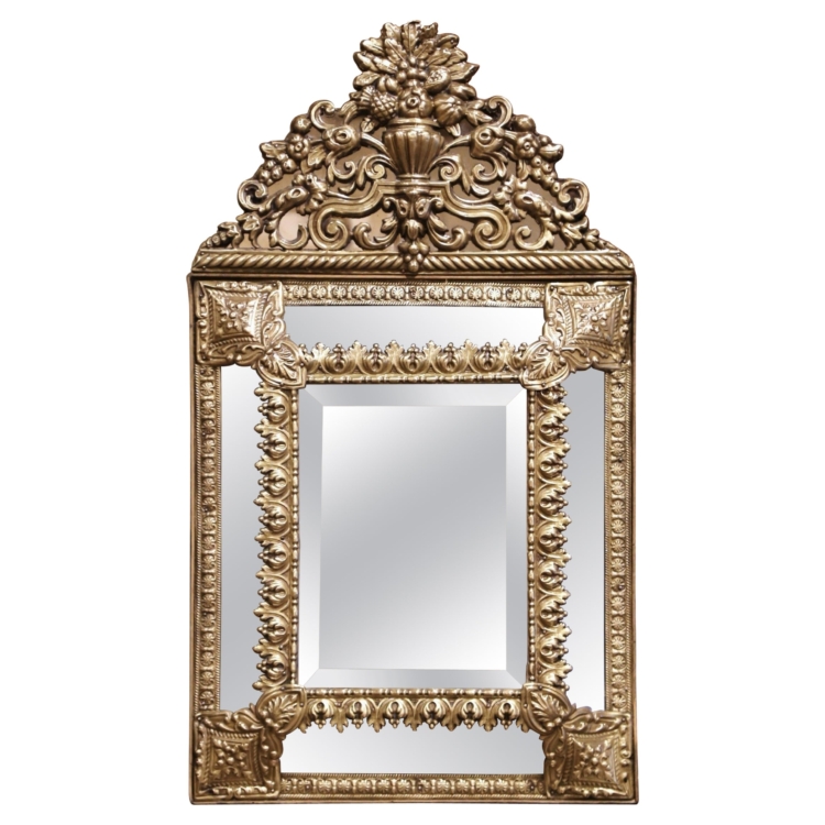 19th Century French Napoleon III Repousse Cushion Brass Beveled Wall Mirror