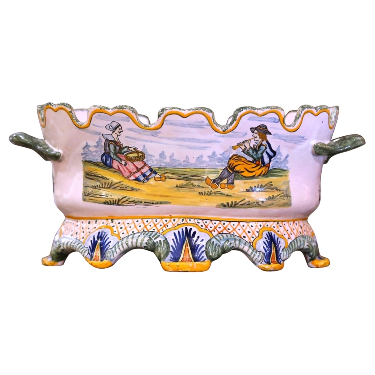 19th Century French Hand Painted Faience Jardiniere Signed Henriot Quimper
