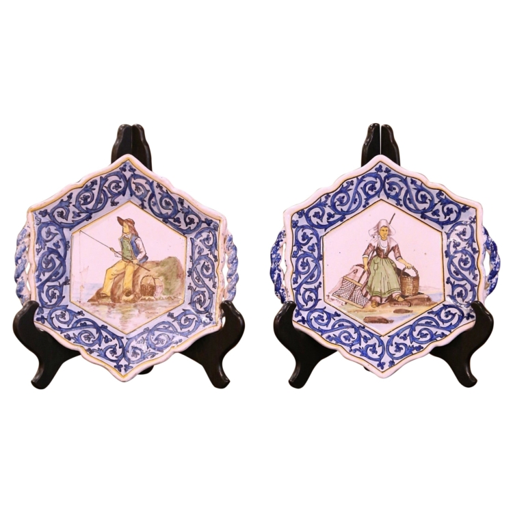 Pair of Early 20th Century French Faience Coaster Plates Signed Henriot Quimper