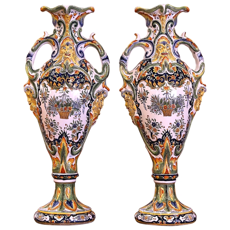 Pair of Early 20th Century French Hand Painted Faience Vases from Rouen