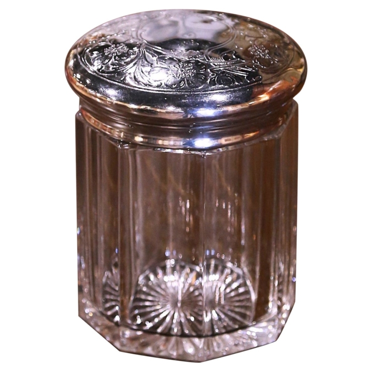 Early 20th Century French Glass Candy Jar with Silver Lid