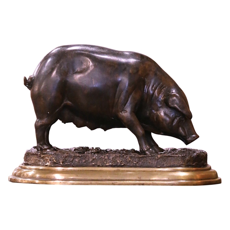 19th Century French Patinated Bronze Pig Sculpture Signed Jules Moigniez