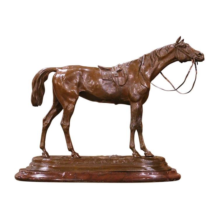 19th Century French Patinated Bronze Horse on Marble Base Signed J. Moigniez