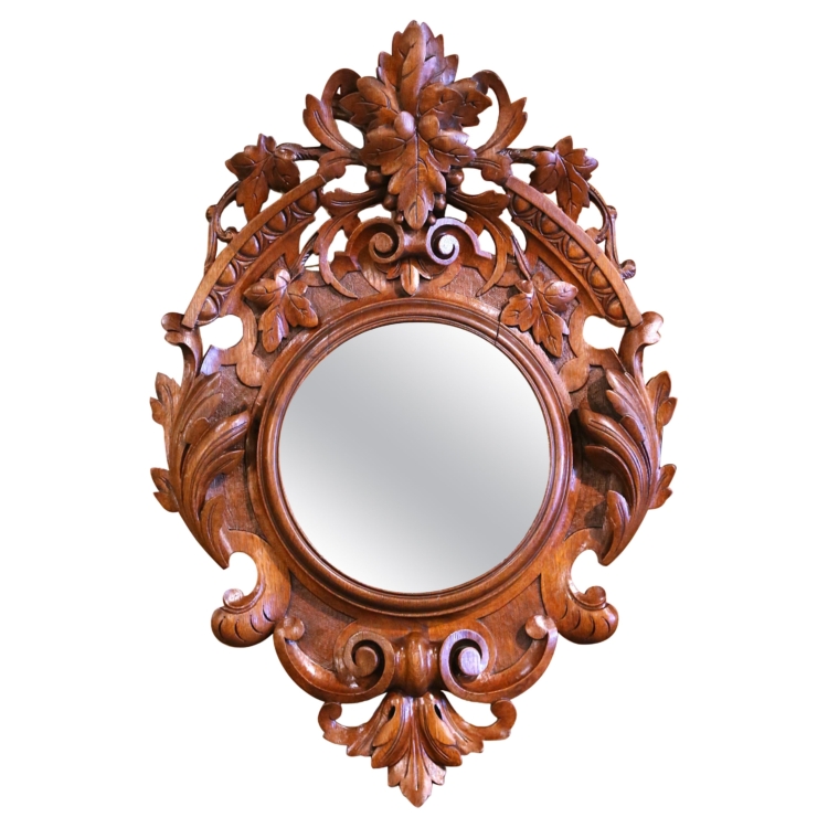 19th Century French Black Forest Carved Walnut Wall Sculpture with Mirror