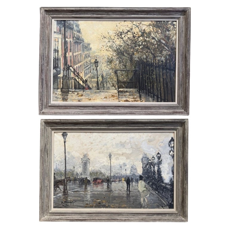 Pair Mid-Century French Paris Scenes Oil on Canvas Paintings Signed A. Lamague