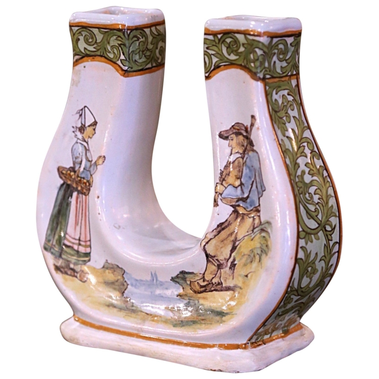 19th Century French Painted Faience Porquier Beau Quimper "Horseshoe" Vase