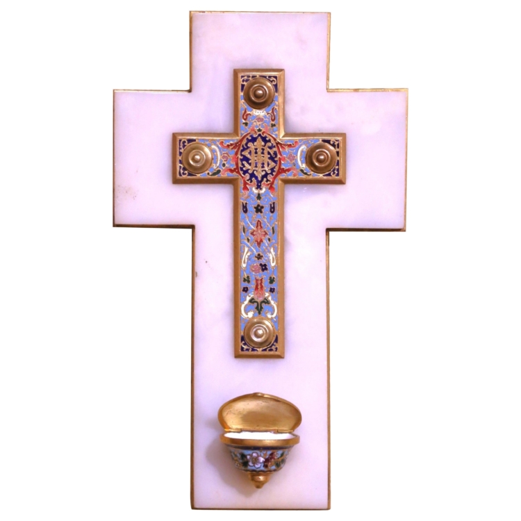19th Century French Brass & Champleve Cross with Holy Water Font on White Marble
