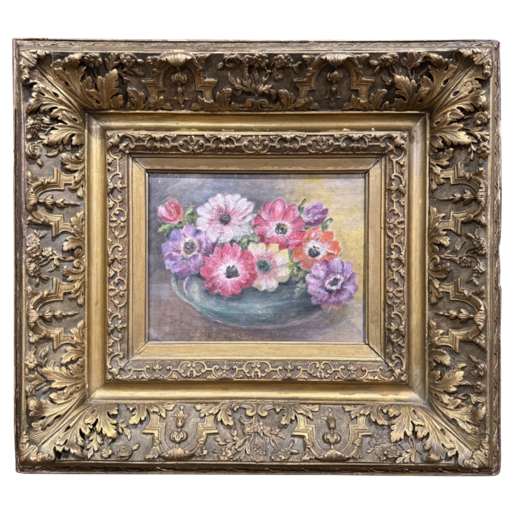 19th Century French Still Life Floral Painting on Board in Carved Giltwood Frame