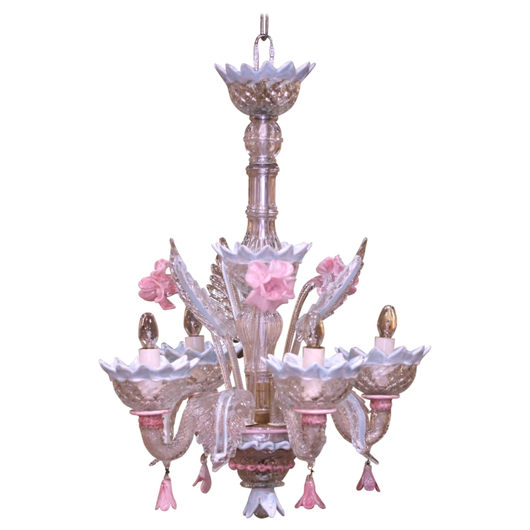 Mid-Century Italian Blown Glass Murano Four-Light Chandelier with Floral Motifs
