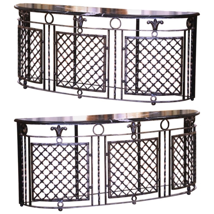 Pair of 19th Century French Marble Top Polished Iron Bow Front Console Tables