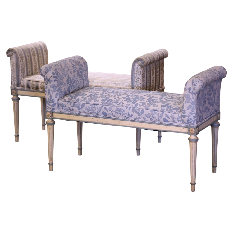 Pair of Vintage French Louis XVI Upholstered Painted Stool Benches