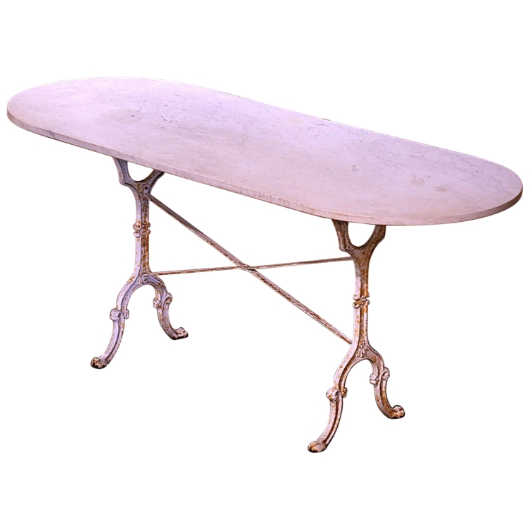 Early 20th Century French Oval Marble Top White Painted Iron Bistrot Table