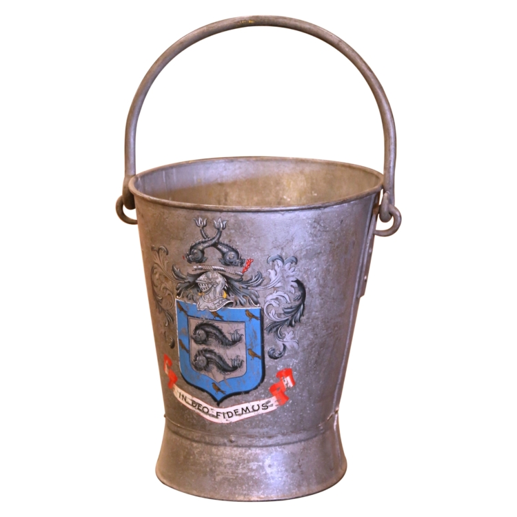 Early 20th Century English Hand-Painted Iron Fire or Coal Bucket with Crest