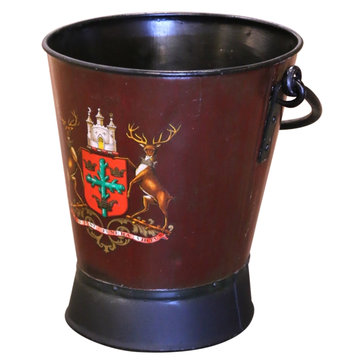 Early 20th Century English Hand-Painted Iron Fire or Coal Bucket with Crest
