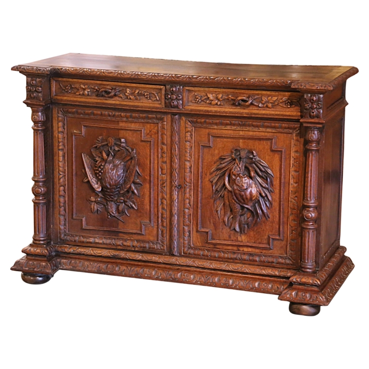 19th Century French Carved Oak Hunt Cabinet with Bird and Fish Motifs