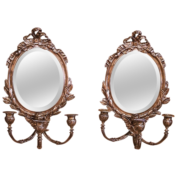 Pair of 19th Century French Louis XVI Bronze Wall Mirrors with Candle Holders