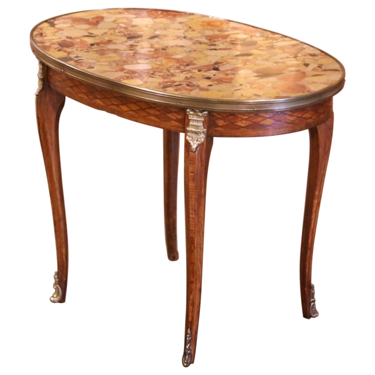 Early 20th Century Louis XV French Marble Top Walnut Marquetry Oval Side Table