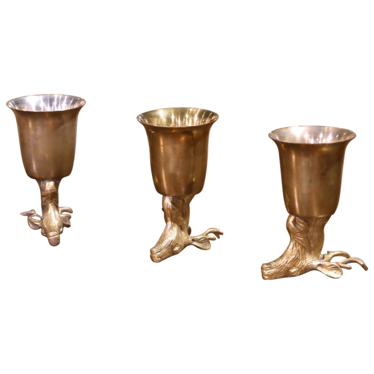 Early 20th Century German Silverplated Brass Deer Stag Goblets