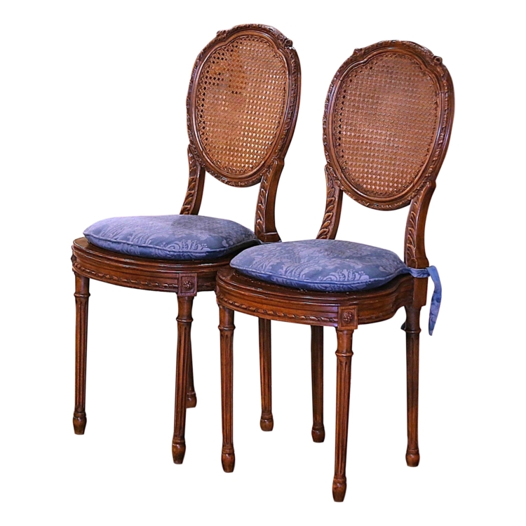 Pair Early 20th Century French Louis XVI Carved Walnut and Cane Vanity Chairs